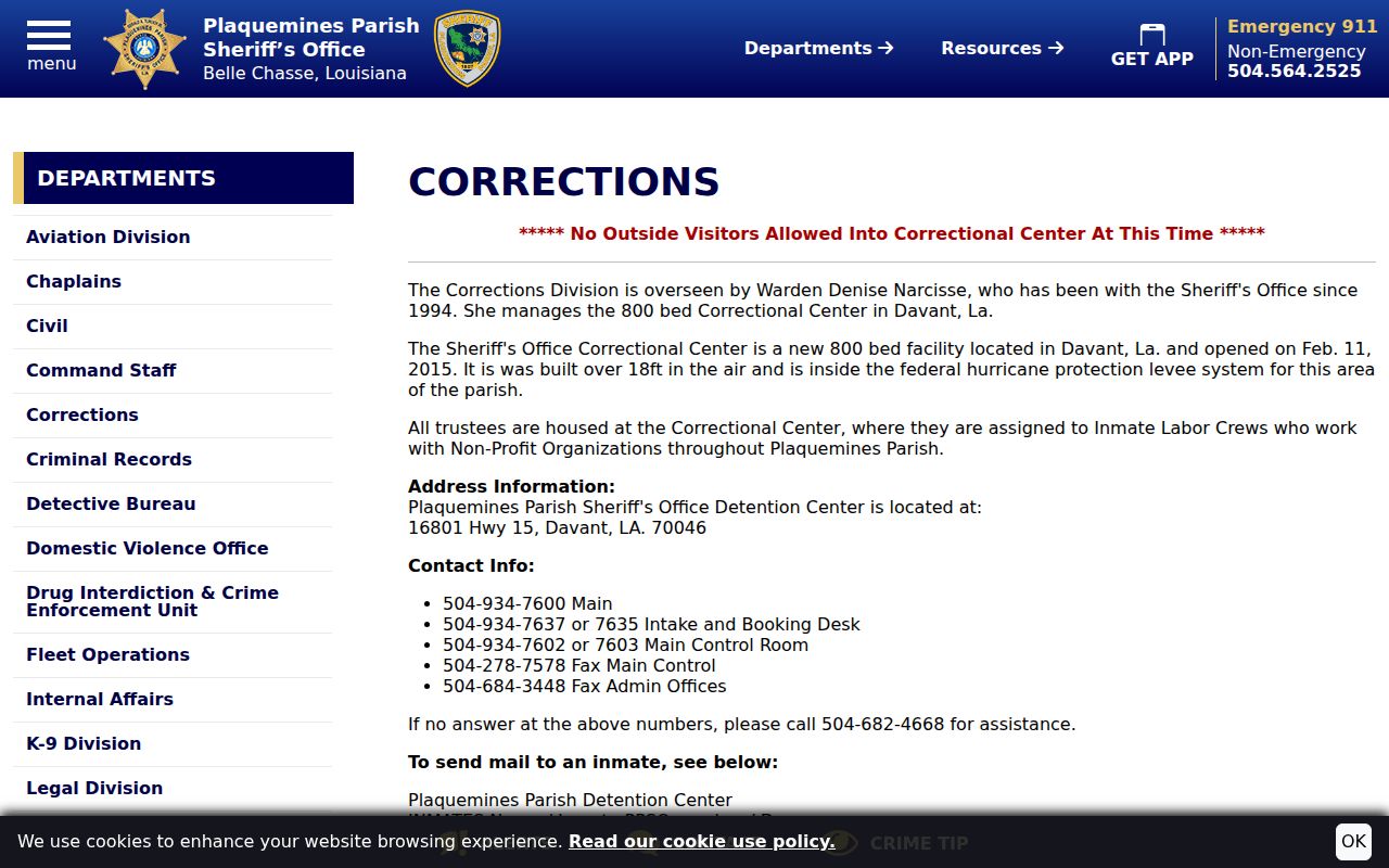 Plaquemines Parish arrest booking information for Davant Detention Center