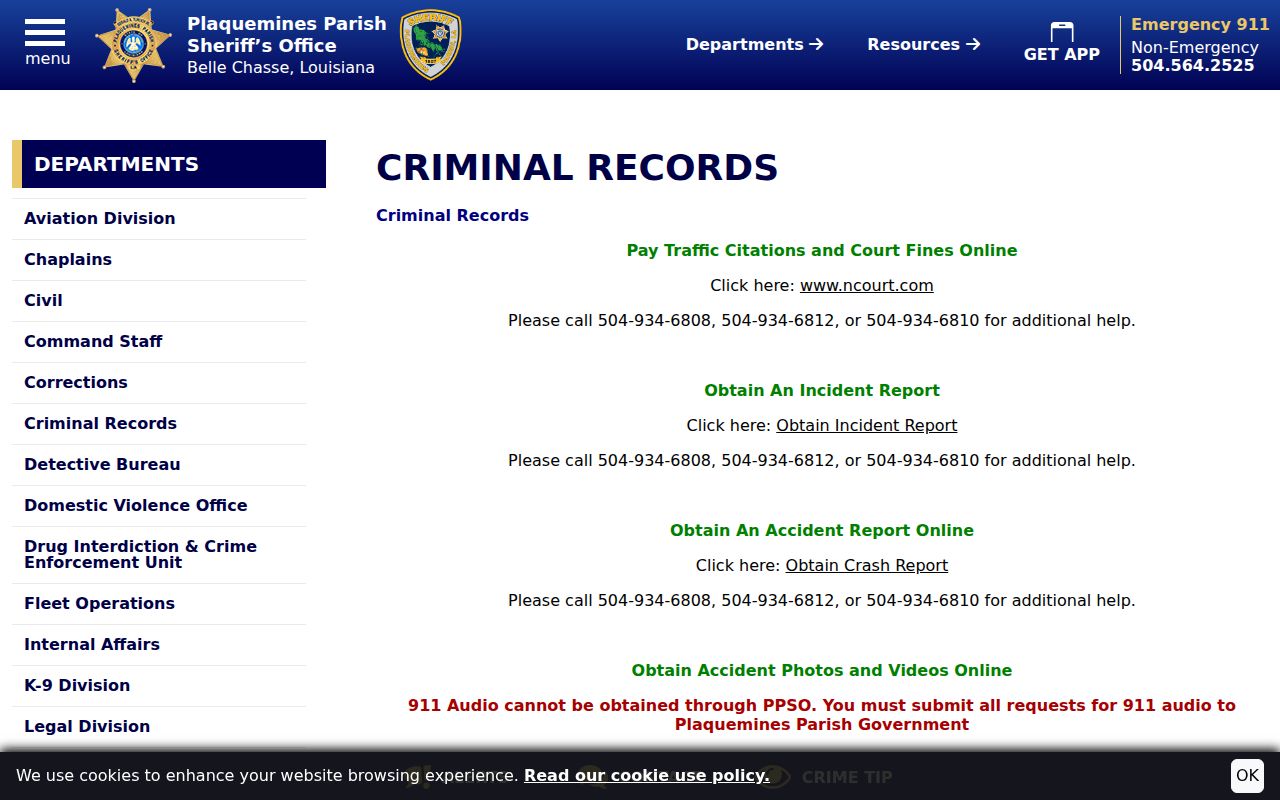 Plaquemines Parish arrest search Criminal Records Office page