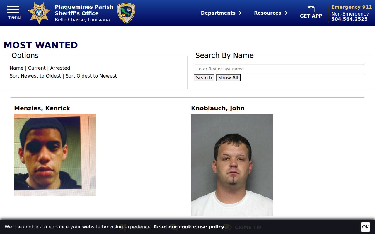 Plaquemines Parish arrest search Most Wanted interface