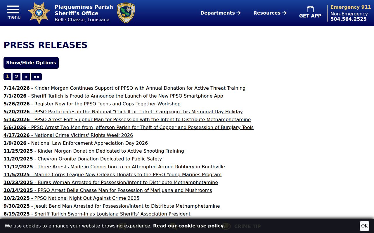 Plaquemines Parish arrest search press release archive