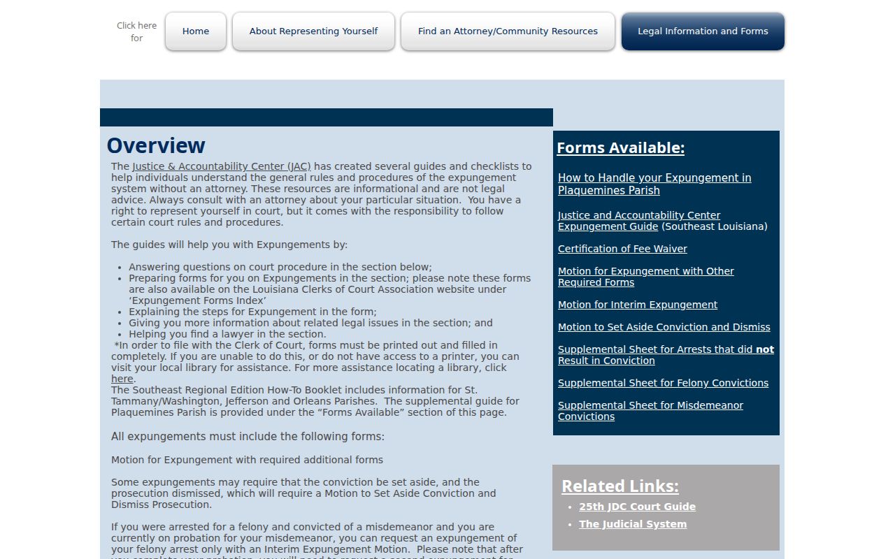 Plaquemines Parish criminal court case expungement checklist and forms