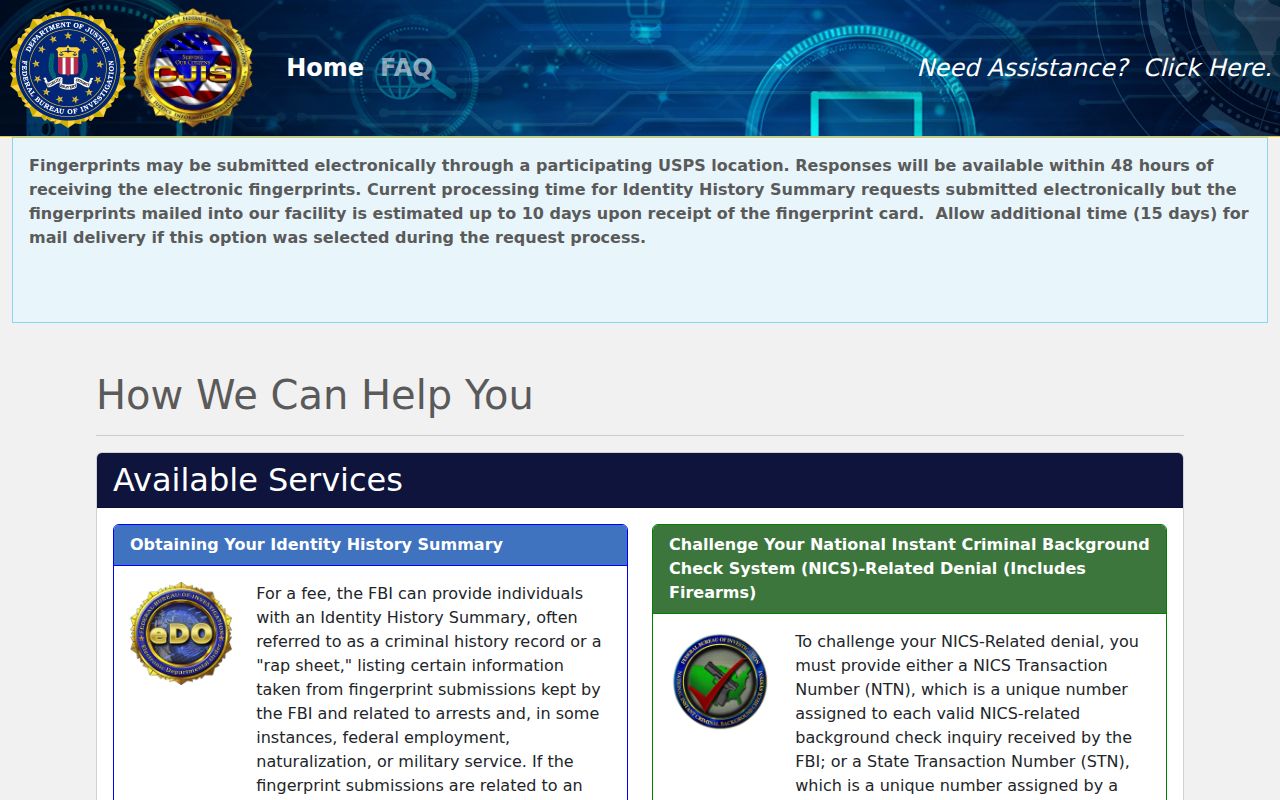 Plaquemines Parish criminal history self-review through the FBI electronic portal