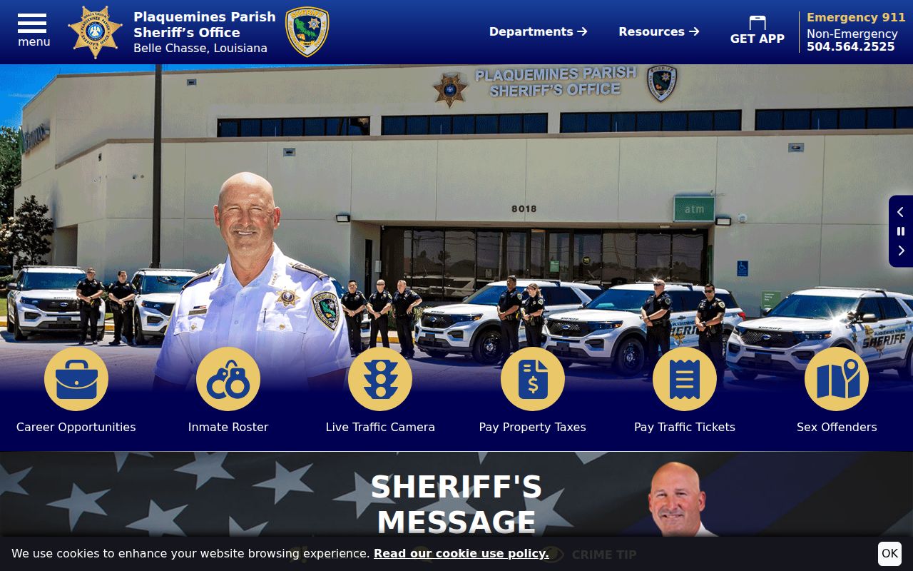 Plaquemines Parish Sheriff's Office homepage with sex offender and public alert links