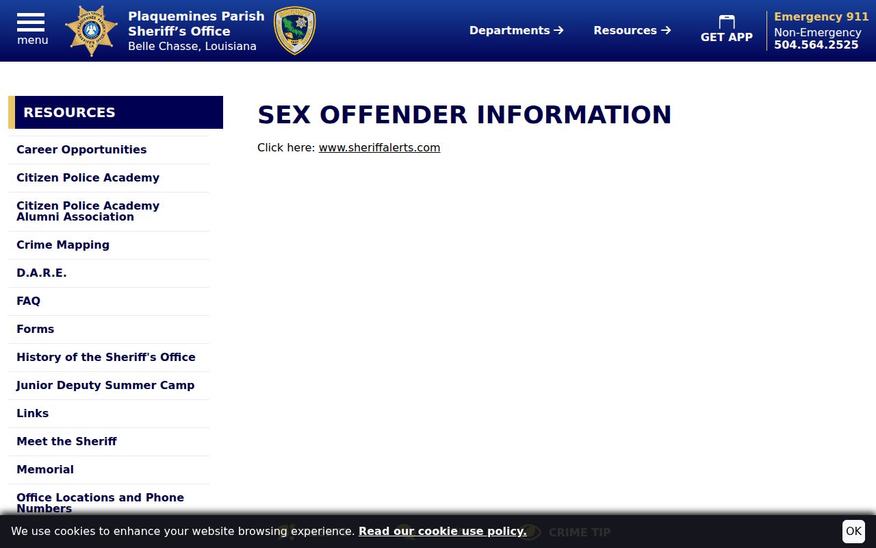 PPSO sex offender information page linking to the parish registry search